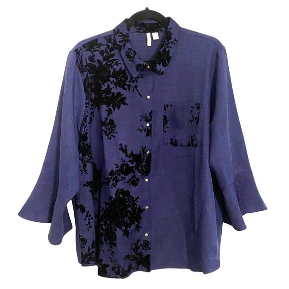 Cato Blue Floral Burnout Velvet Button Down Shirt Blouse XL - Picture 1 of 9